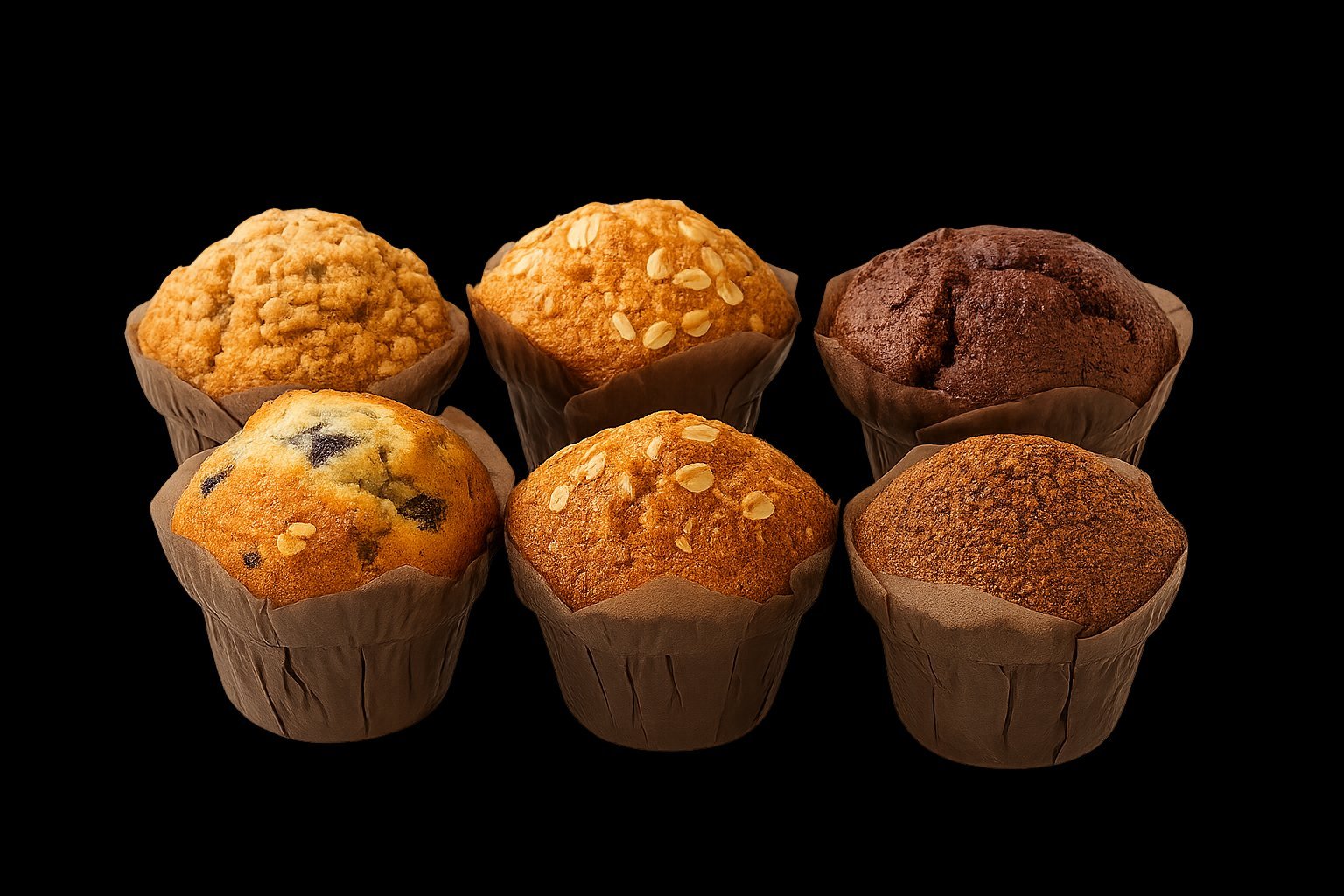 Tray of six fresh-baked muffins